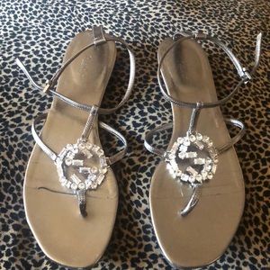 Gucci flat metallic sandal with crystal detail